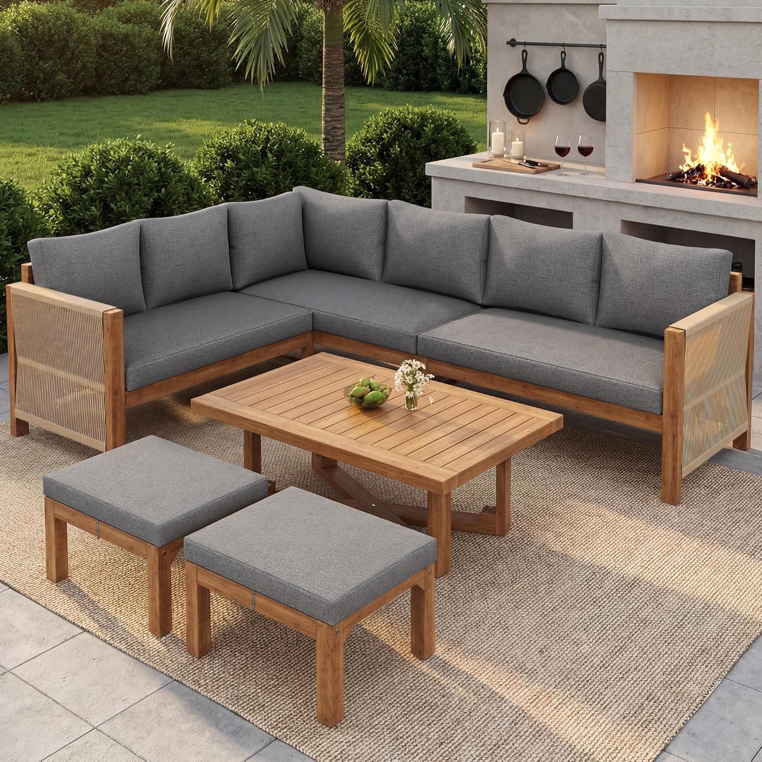Sapgaks - Salon de Jardin E-Gris - 6 places modulable bois acacia, coussins, table et 2 tabourets
