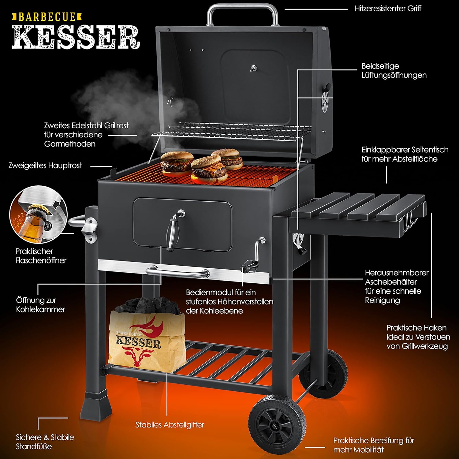 KESSER - Chariot Barbecue XL - grille, couvercle, thermomètre, inox, roues