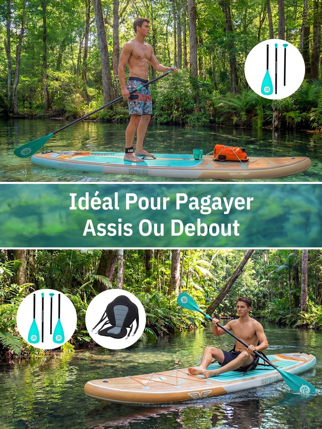 Niphean Extra Large Paddle Gonflable, Sup à 2+1 Personnes/Famille, Planches de Stand Up Paddle Gonflables avec (Idéal Débutant) Aileron Équilibré, Housse Étanche, Paddle Gonflable Adulte, Cadeaux