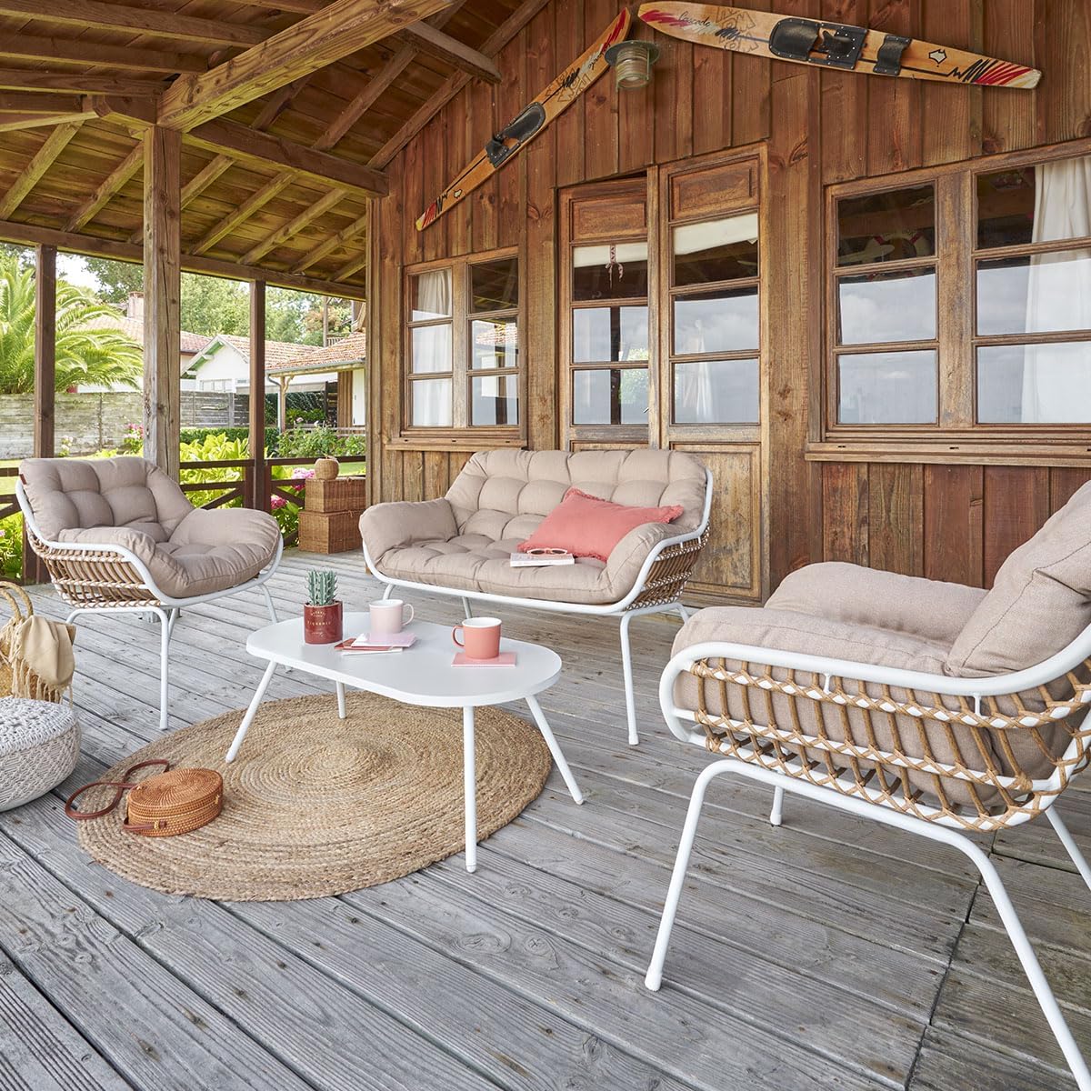 Hespéride - Paopao Salon de Jardin - 4 places - acier epoxy, pieds ajustables - Blanc et Beige