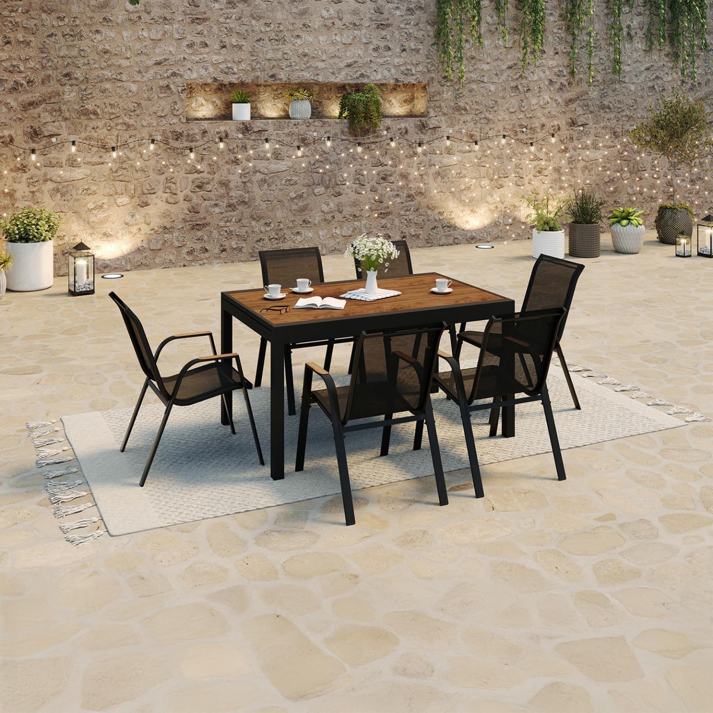IDMarket - Salon de Jardin NOUMEA Table Extensible 135/270 cm Plateau Effet Bois et 12 chaises empilables Noir et Bois