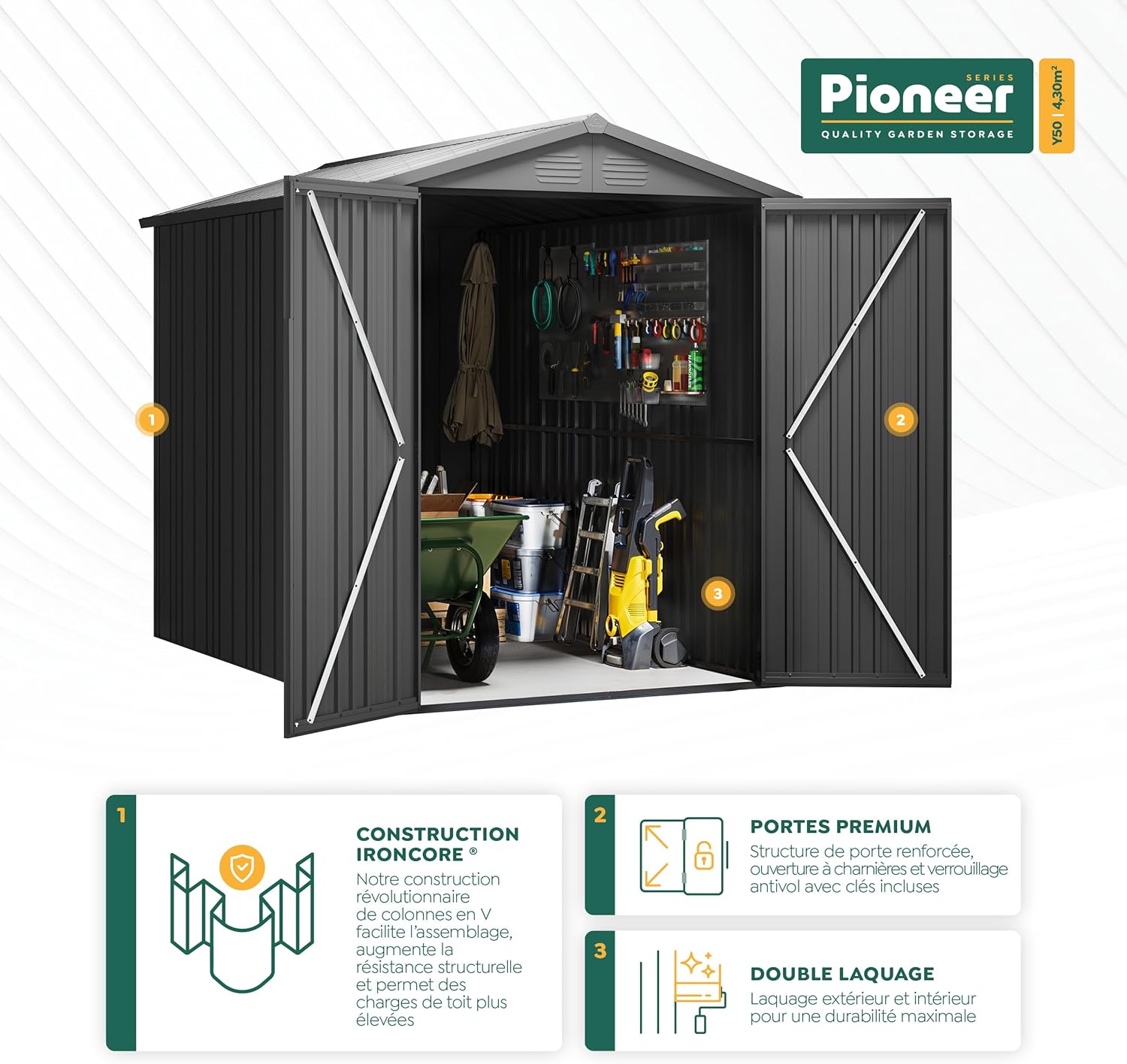 Hoggar - Pioneer Y50 - 168x256x200cm - abri métal robuste, portes renforcées, serrure à clé, plafond solide - Y50
