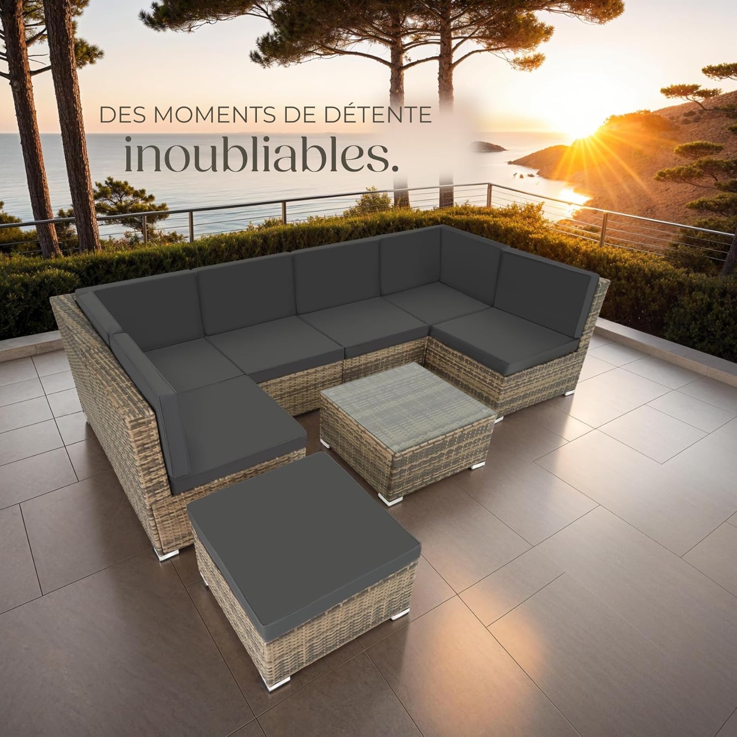 tectake - salon modulable rotin 6 fauteuils 1 table marron naturel