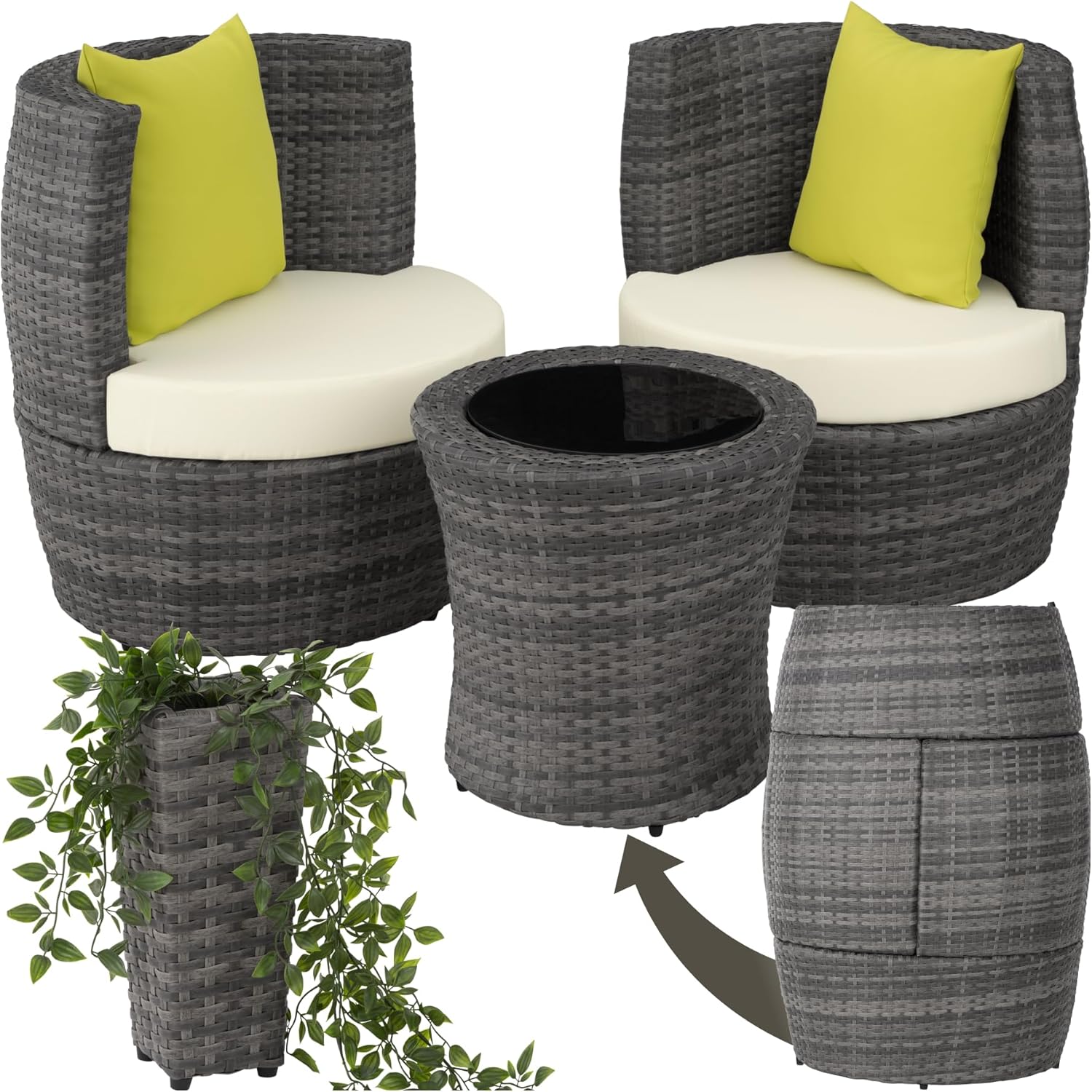 tectake - Salon de jardin encastrable 2 places - Aluminium, polyrotin, coussins et pot de fleur - Idéal balcon terrasse