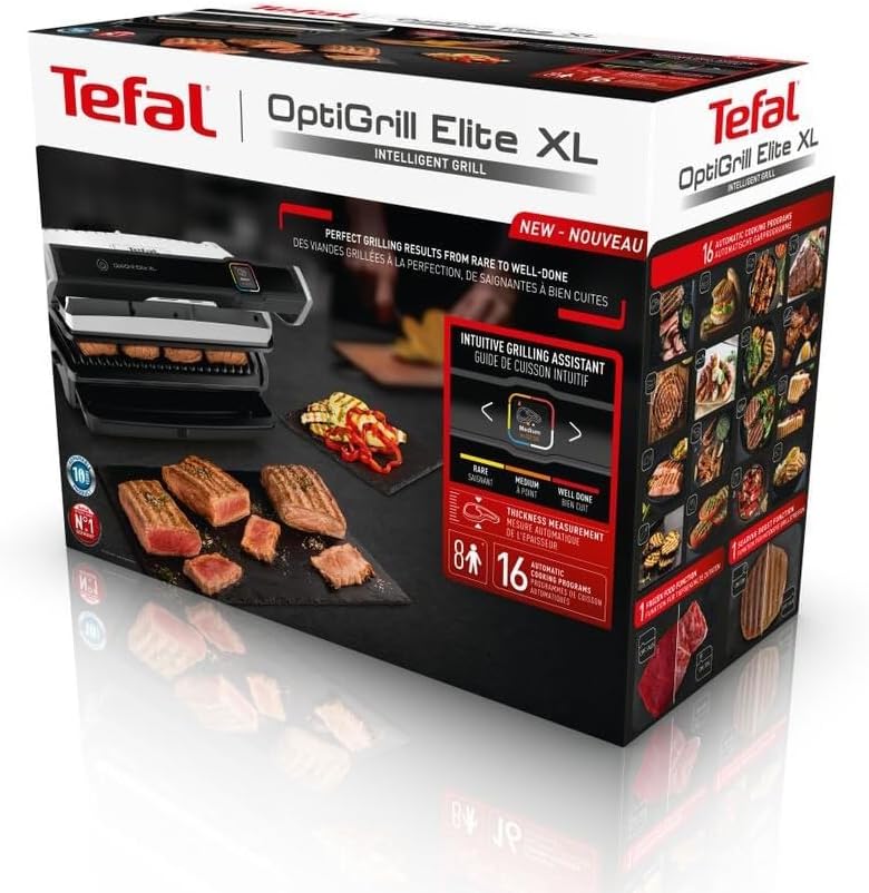 Tefal - Optigrill Elite XL, série GC760 - XL 8 pers., 16 programmes, grill intelligent, mode manuel, GC760D12