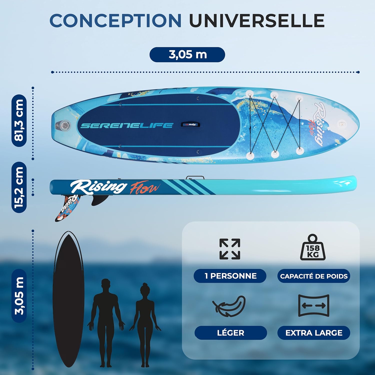 SereneLife - Paddle gonflable adulte 6” - accessoires, sac, pont antidérapant - SLPDS6