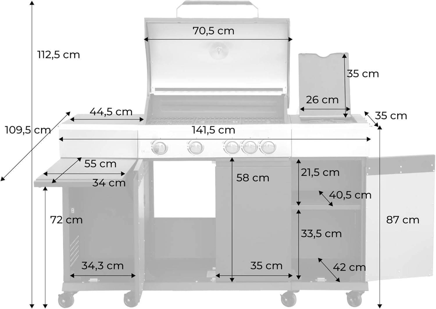 sweeek - Maxim barbecue gaz 4 brûleurs, 145,5x61,5x143,5cm, thermomètre, récupérateur, grille chauffante