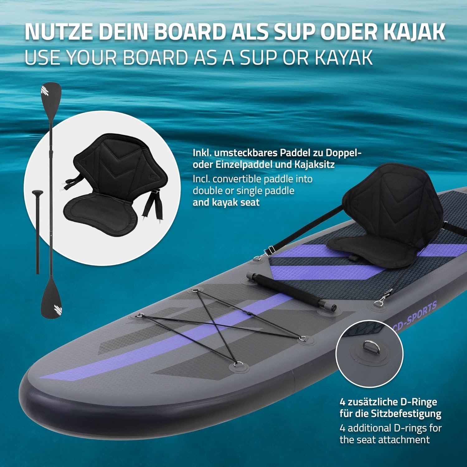 ECD Germany - Stand Up Paddle Gonflable - 305/308/320/380 cm - PVC, 120/150 kg, 10/15 cm