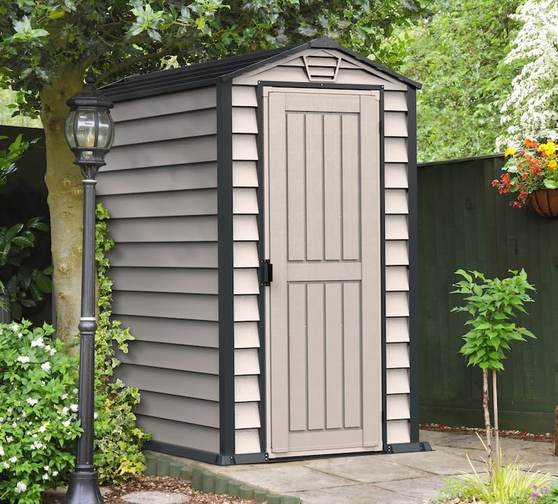 Duramax EverMore 4 x 6 (1.99 m²) Abri de jardin en plastique, solution de stockage extérieur ignifuge et tout temps, avec plancher en plastique, abri en vinyle sans entretien, Adobe & Grey