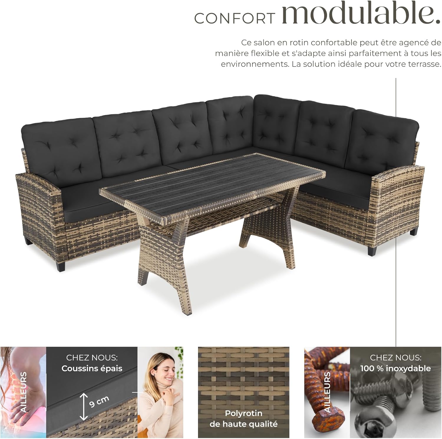 Tectake - salon de jardin XXL 6 places, rotin, coussins moelleux, table