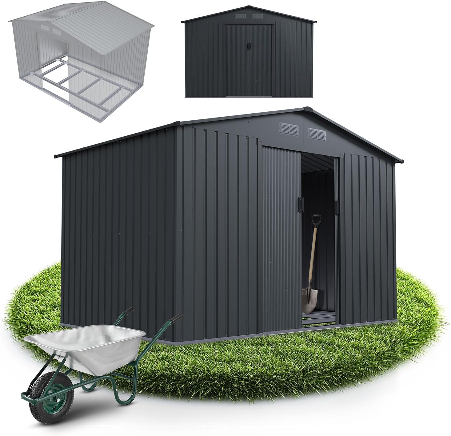 Juskys - abri métallique XL - spacieux, porte coulissante, cadre fondation