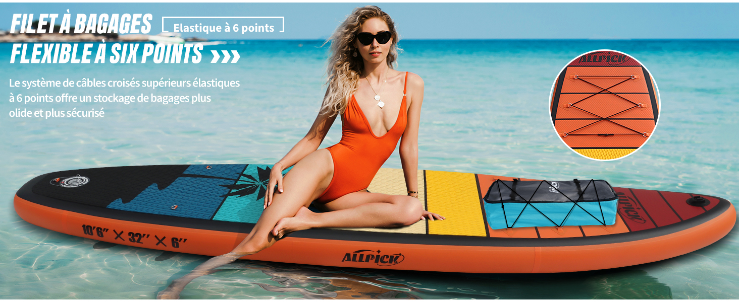 avec un design orange et bleu représenté sur l'eau d'une plage tropicale, avec une construction flexible et une surface à motifs