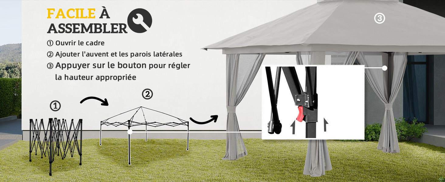 Instructions de montage pour le gazebo extérieur ou la tente. Les étapes montrent le dépliage du cadre, l'extension des jambes et le réglage de la canopée. L'image finale montre la structure érigée sur la pelouse.