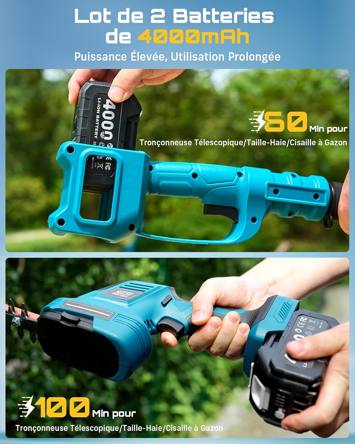 SEESII 6-en-1 Mini Tronçonneuse & Taille-haie, avec 2 * 4000mAh Batteries, Tronconneuse Electrique à Perche Télescopique, Portée Maximale Jusqu'à 4,57m, à 30 ML Bouteille d'huile