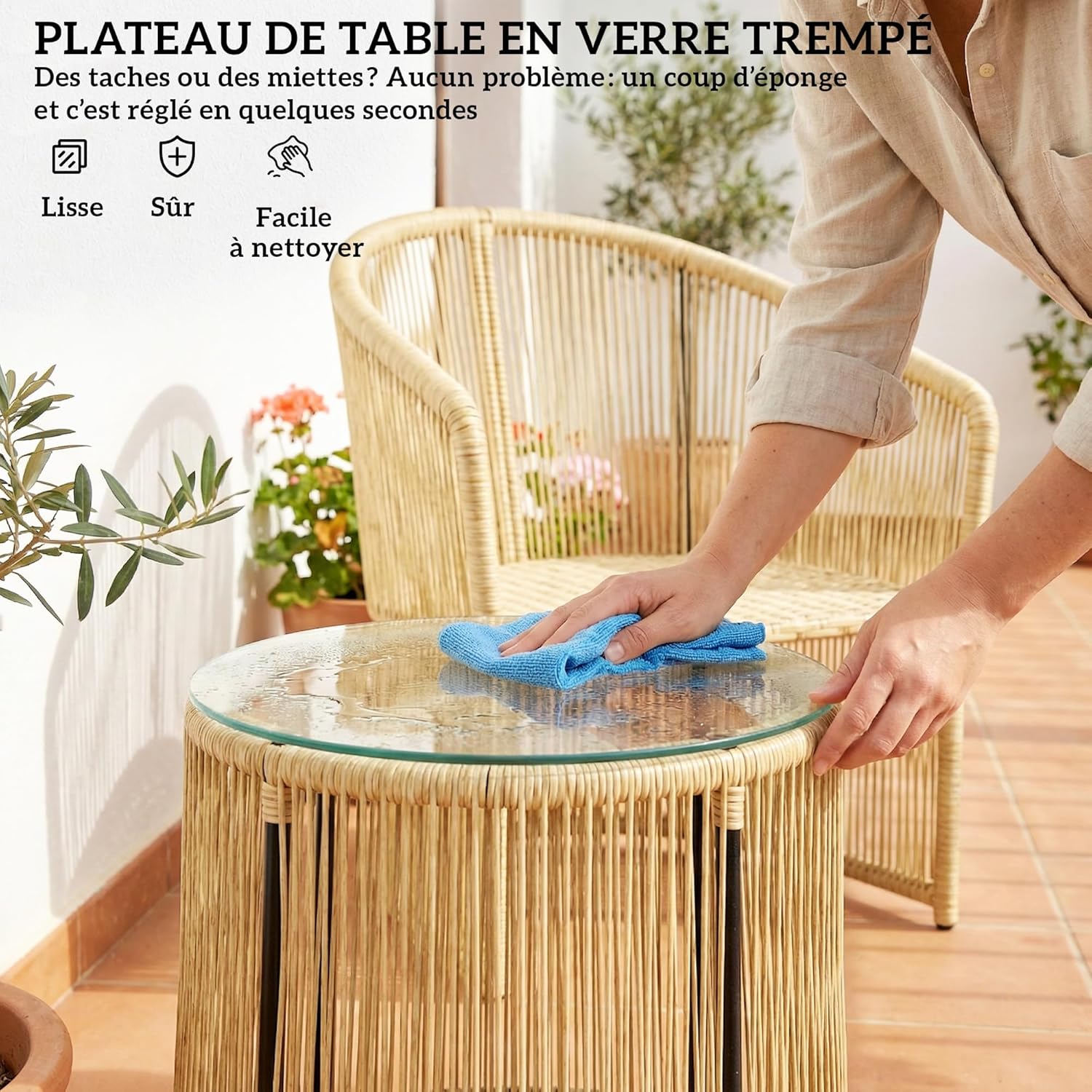 Outsunny - salon de jardin 2 places - table verre, coussins, résine tressée, crème