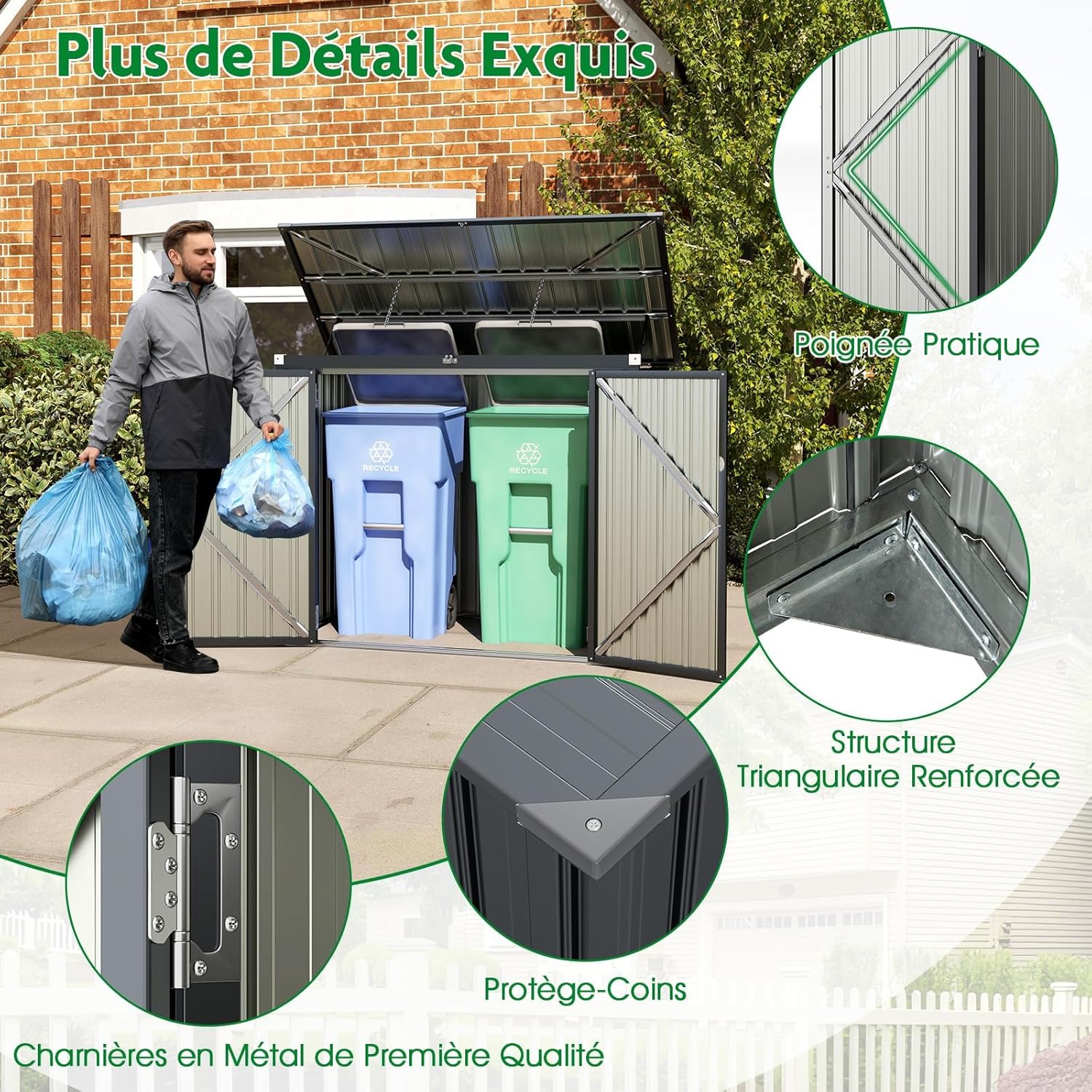 RELAX4LIFE - Abri de jardin métal - 172x100x129 cm - 2 portes, couvercle relevable
