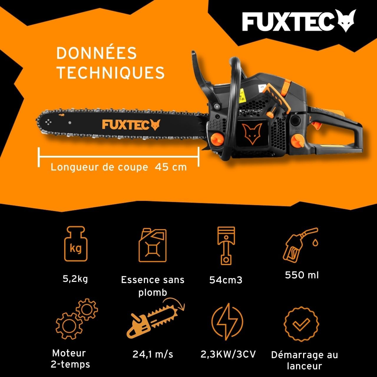 Fuxtec Tronçonneuse Thermique 46 cm - 18 Pouces FX-KS255 Black Edition 54cm3 2 Temps Essence 2,3kW Élagage Ébranchage Bois De Chauffage
