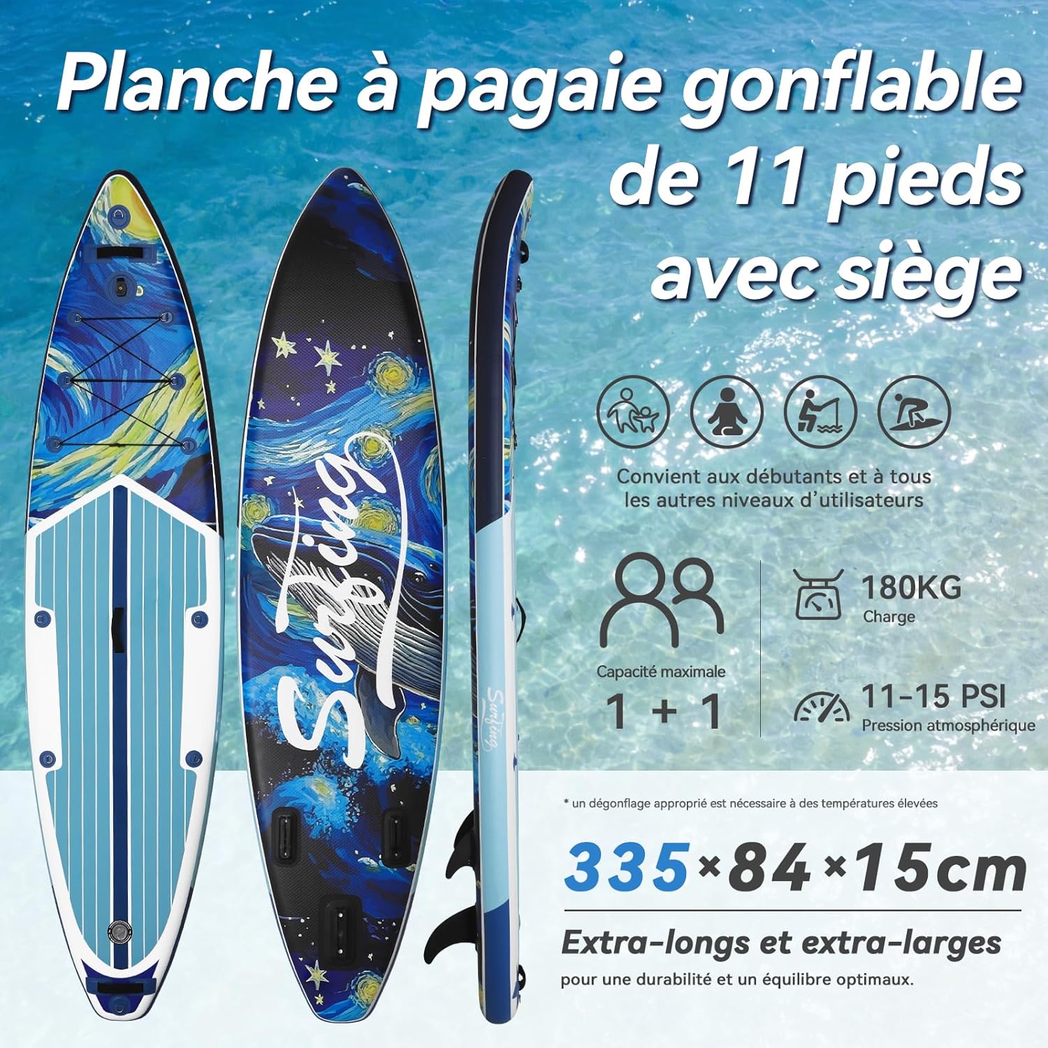 YU YUSING - Paddle gonflable adulte 320/335cm - 2 personnes, siège kayak, pagaie, support caméra, 150kg