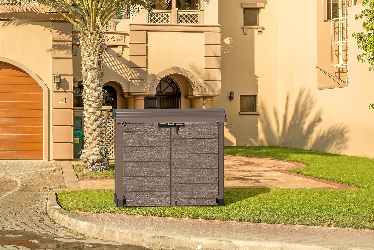 Duramax Cedargrain StoreAway 1200L Abri de jardin en plastique / couvercle arc, Abri pour poubelles, Cache poubelles, Coffre de poubelle, Idéal pour les 2x 240L poubelles, 145x85x125 cm, Marron