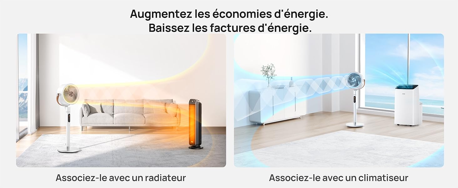 Deux images montrant de grands appareils cylindriques dans des salons. Le texte suggère qu'il s'agit d'appareils économes en énergie pour le chauffage et la climatisation