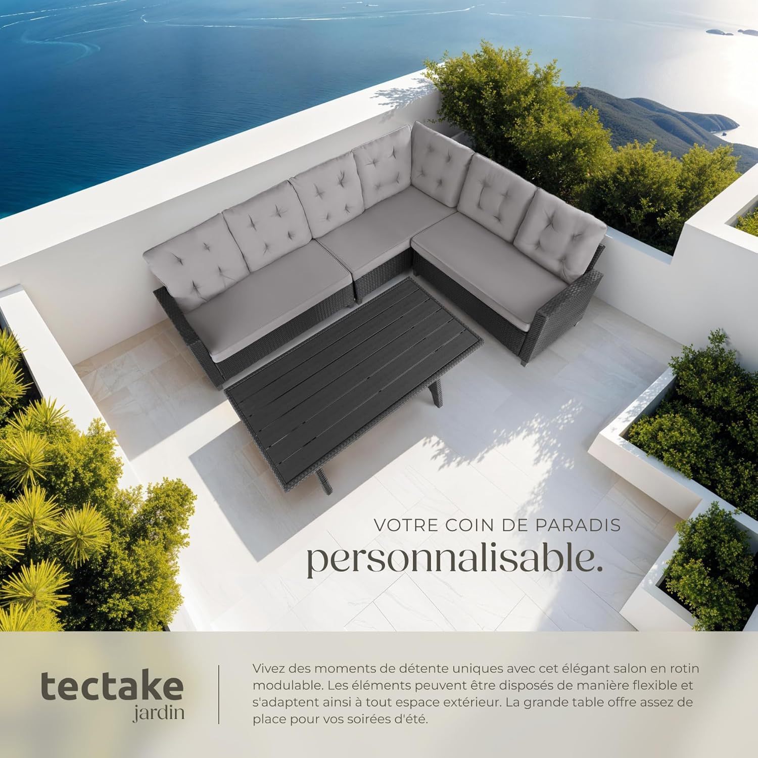 tectake - Ensemble salon de jardin 6 places, poly rotin, canapé spacieux avec table, rembourrage moelleux