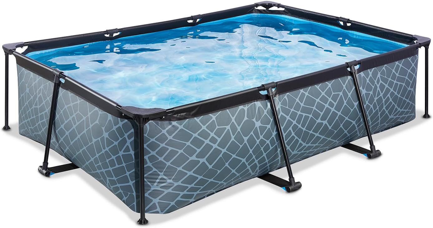EXIT TOYS Piscine Tubulaire Stone - 220x150x65cm - Piscine Hors Sol Rectangulaire avec Pompe Filtrante à Cartouche - Entrée Basse - Idéal pour Les Jeunes Enfants - Cadre Stable - Design Unique - Gris