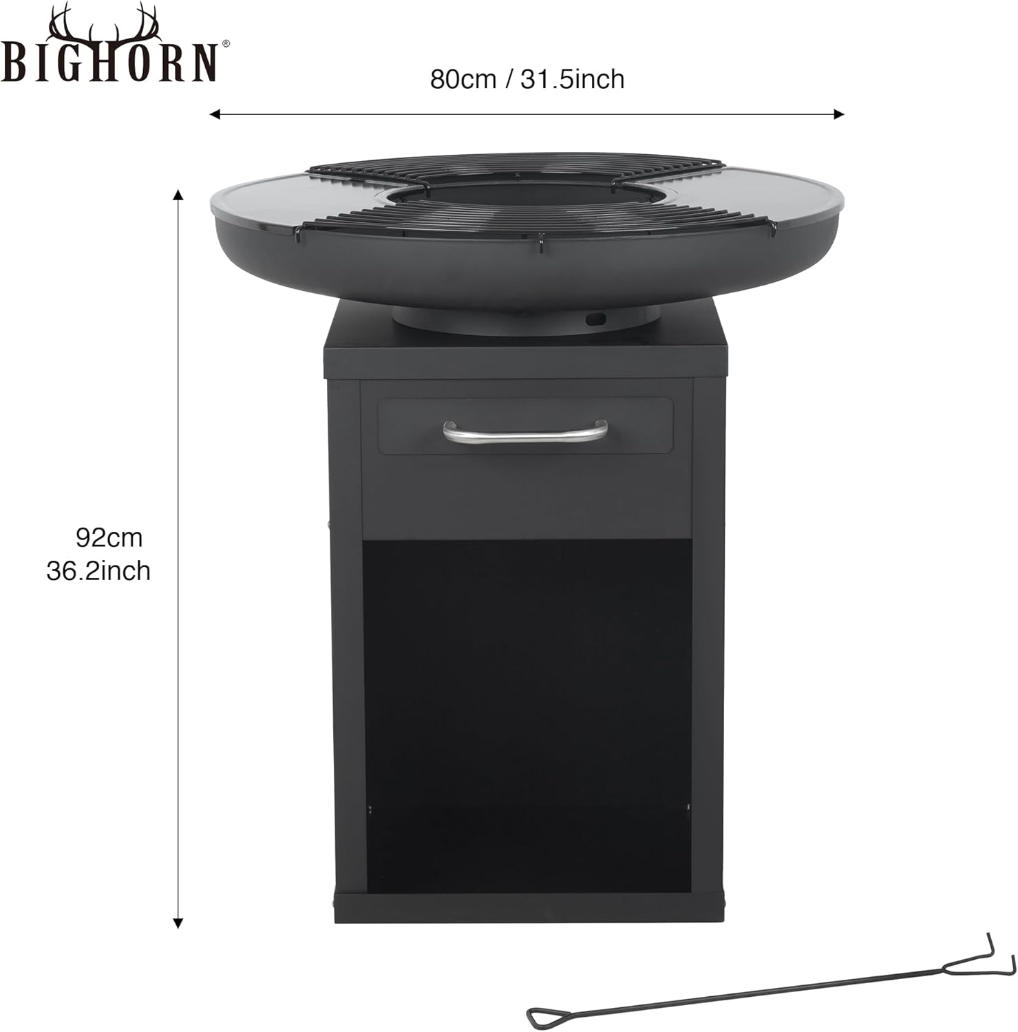 BIGHORN - Grand Brasero Plancha - Ø80x92 cm - Fer 42kg, plaques et grilles amovibles