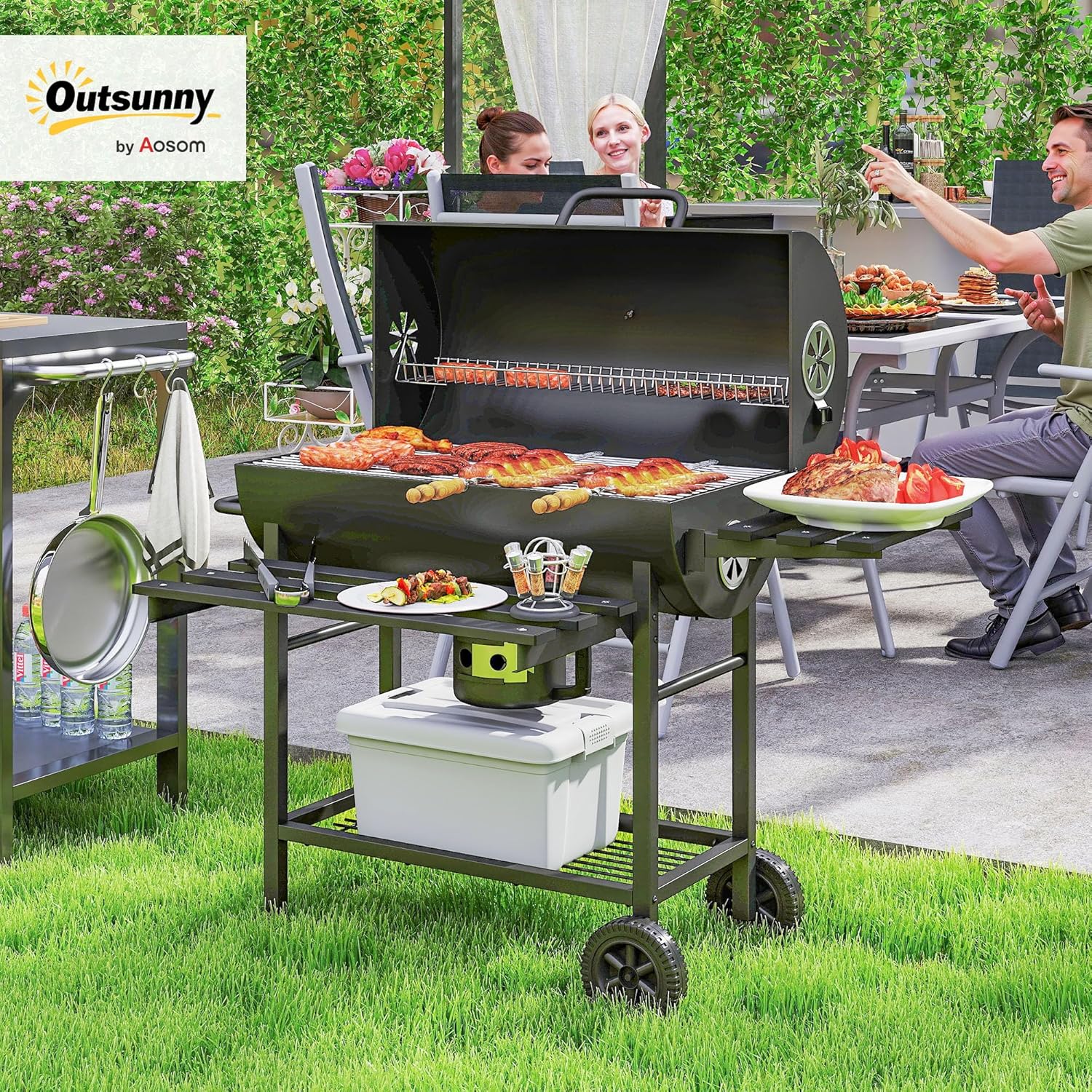 Outsunny - barbecue charbon de bois - grande taille - grille, couvercle thermomètre, roues, tablette pliable
