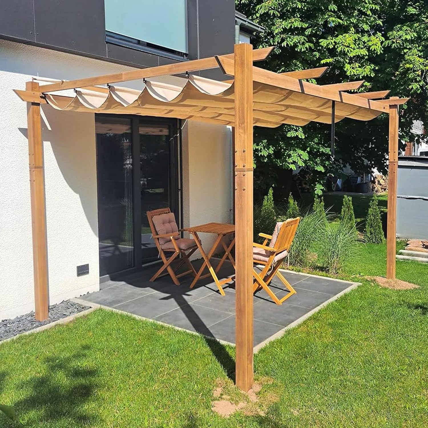 PURPLE LEAF - pergola aluminium 4x3m teck, toile rétractable, kaki