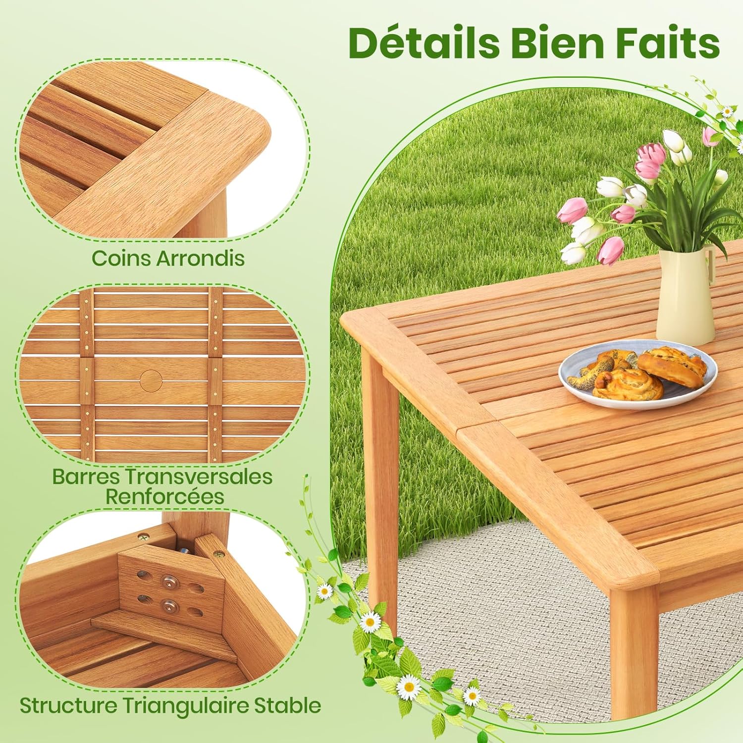 COSTWAY – Table de jardin carrée 100x100 cm – bois d’acacia, trou parasol
