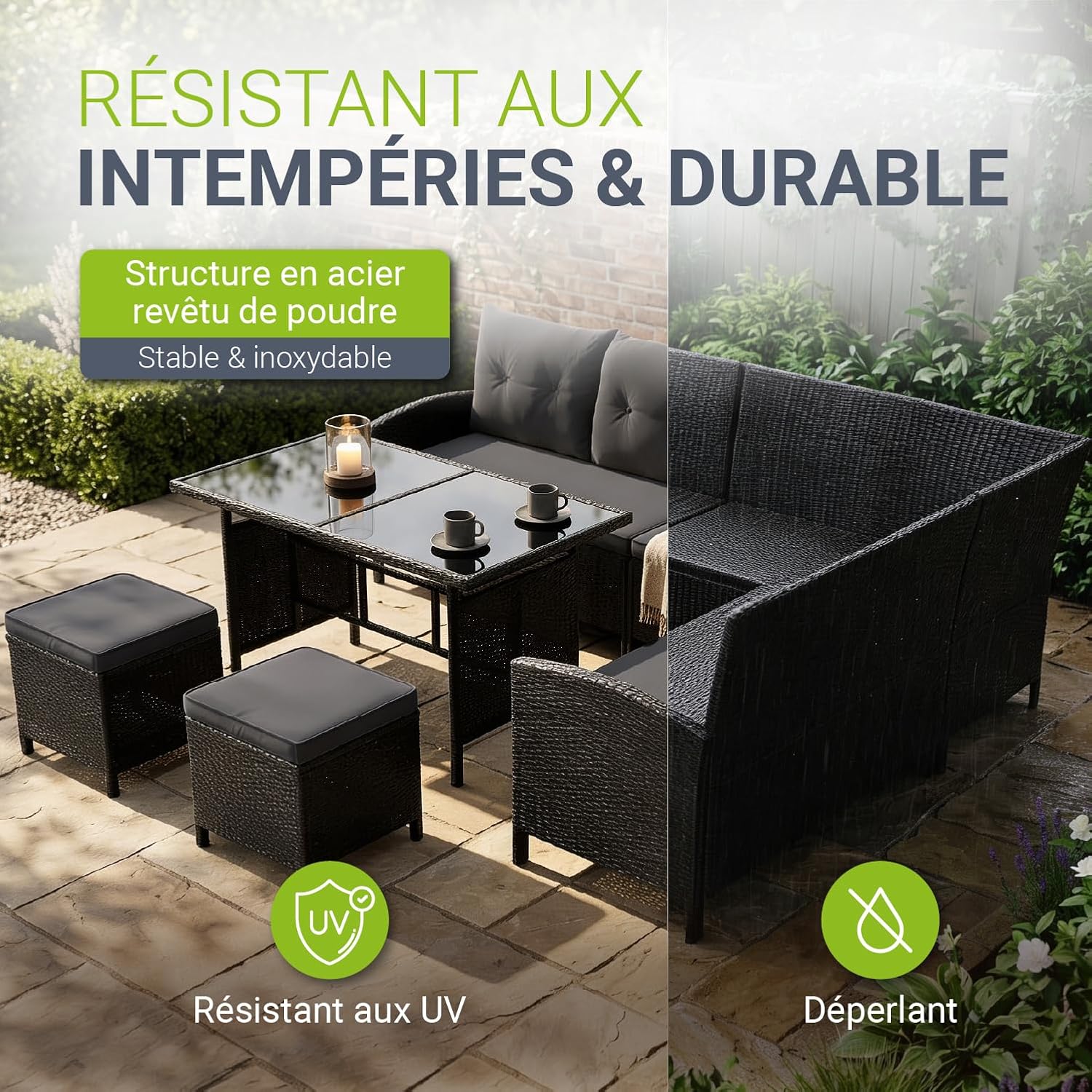 Juskys - Manacor Lounge 7 places, polyrotin noir, table, tabourets, coussins gris