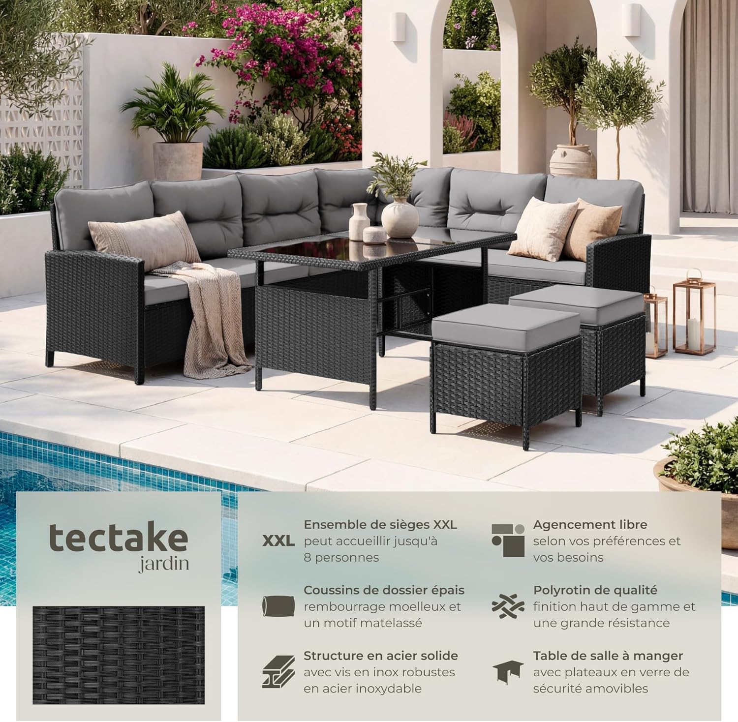 tectake - salon jardin modulable rotin - canapé angle, verre, poufs, coussins