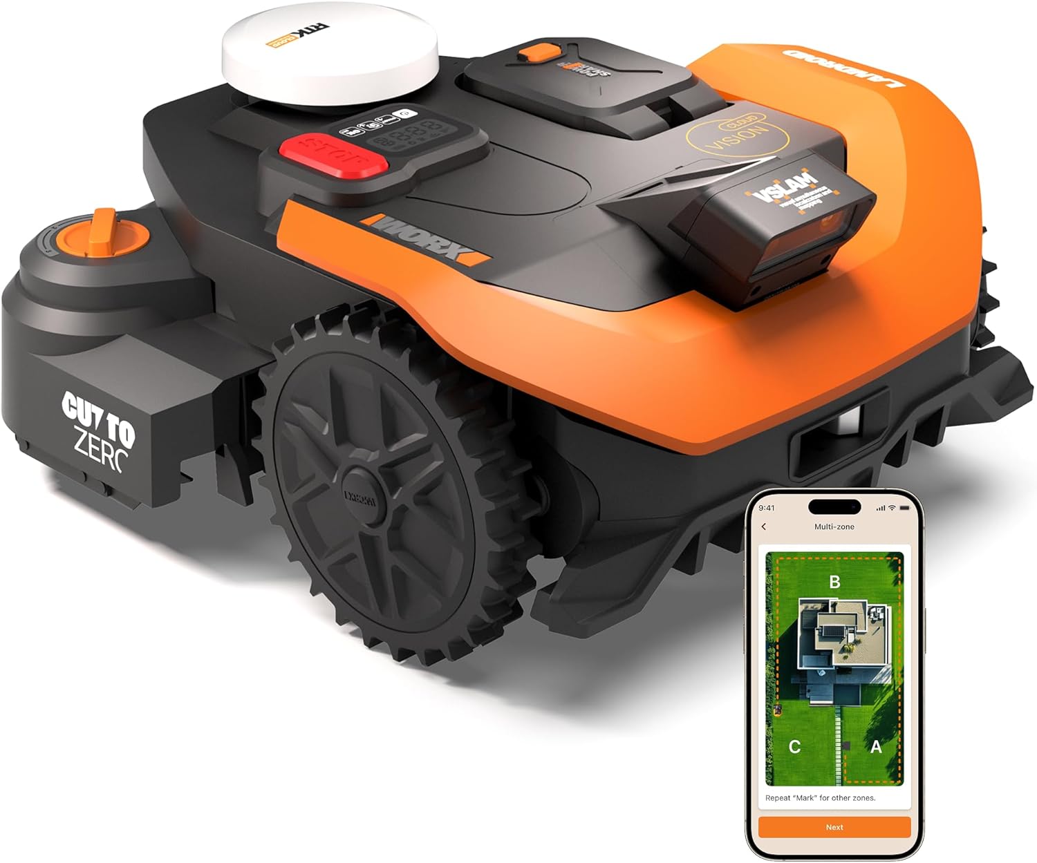 WORX - Vision Cloud série - 1200 m² - tondeuse robot IA, VSLAM, RTK, WR312E