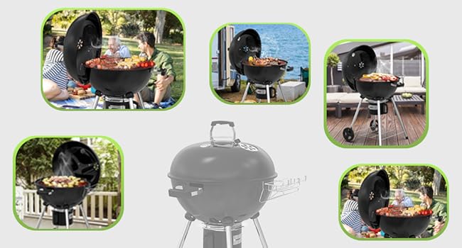Le texte se lit comme suit : « Le barbecue portable simplifie vos repas ». Plusieurs images montrant un gril noir de style bouilloire utilisé à l'extérieur.