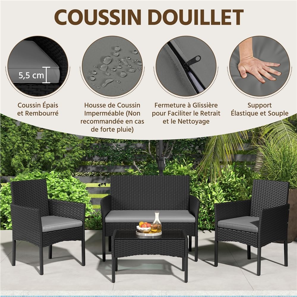 Yaheetech - Salon de Jardin 4 Places Polyrotin métal coussins, 195x125 cm, noir/gris clair