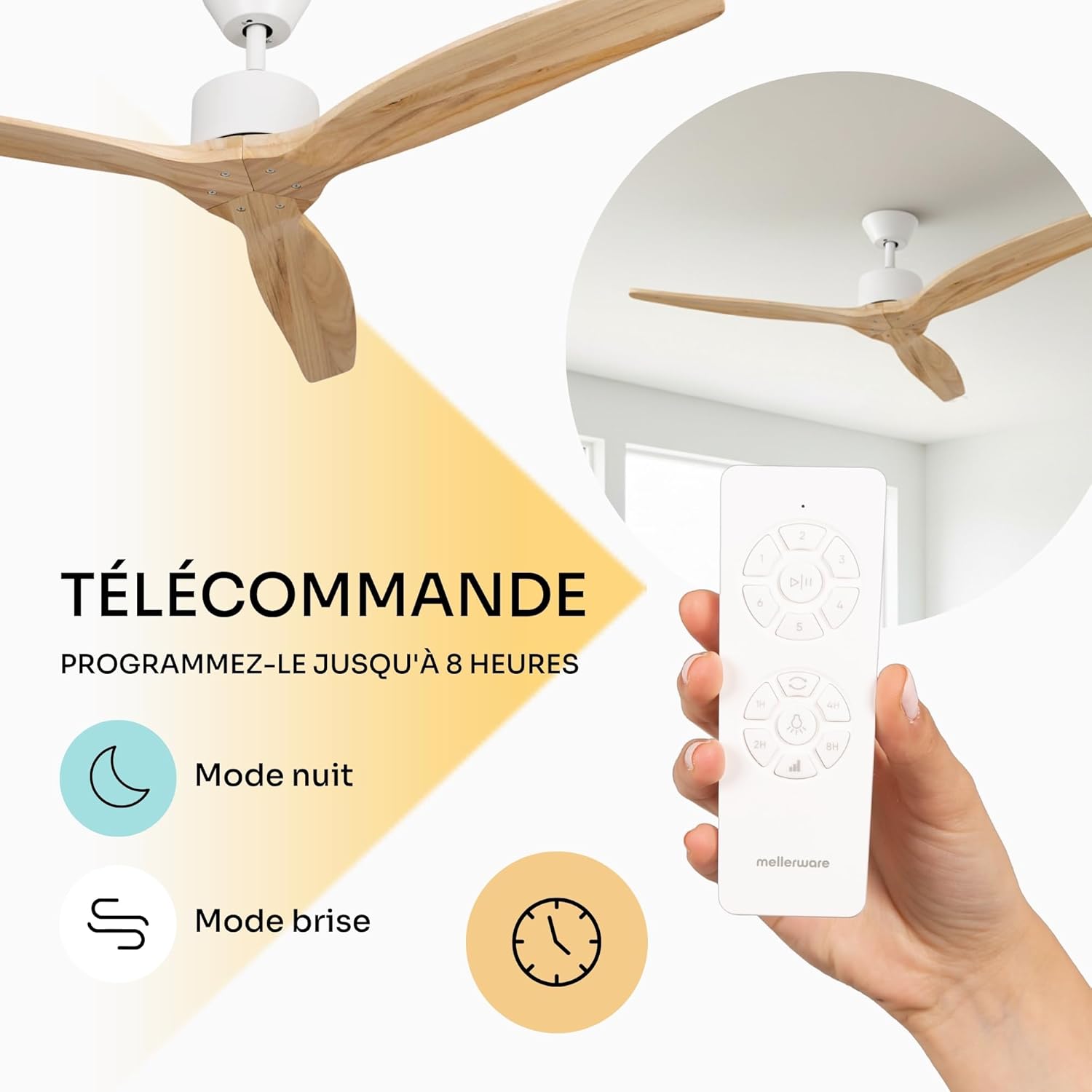 Mellerware - Ventilateur de plafond avec télécommande Brizy! 45W | Puissant | Ultra silencieux | 3 lames | Diamètre 132cm | 6 vitesses | Refroidissement + LED intégrée | Bois clair