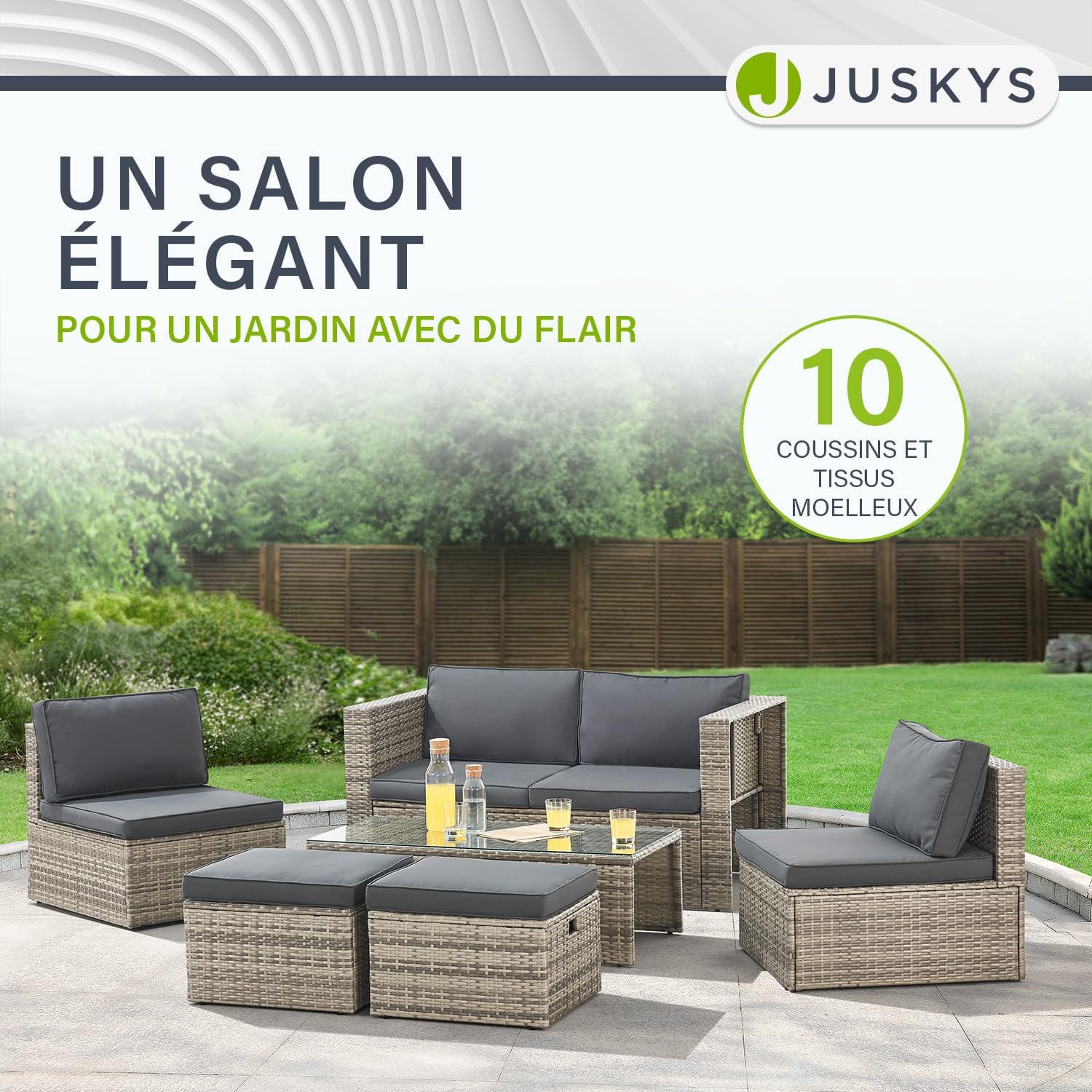 Juskys - Salon de jardin Salou - 6 places, polyrotin, table, coussins, résistant intempéries, gris