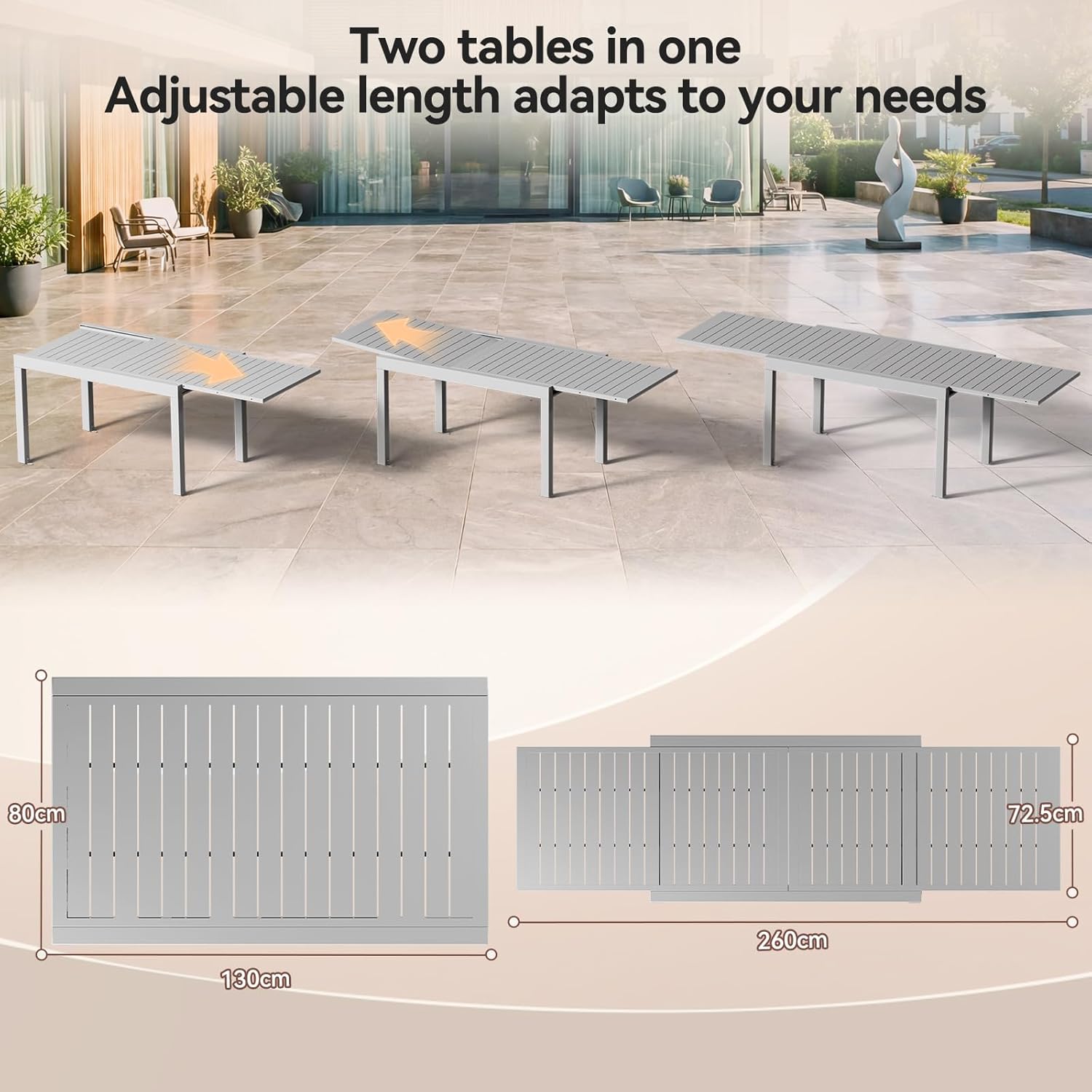 JUMMICO - Table extensible 260x80cm - aluminium, résistante, facile à nettoyer