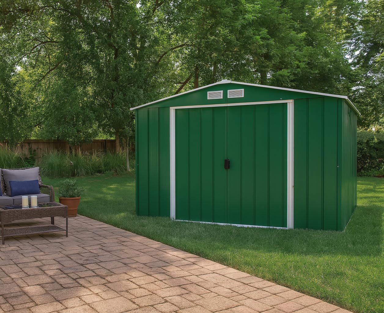Duramax ECO 10 x 10 (9.16 m²) Abri de Jardin en Métal Galvanisé à Chaud, Structure de Toit Renforcée, Sans Entretien, Vert