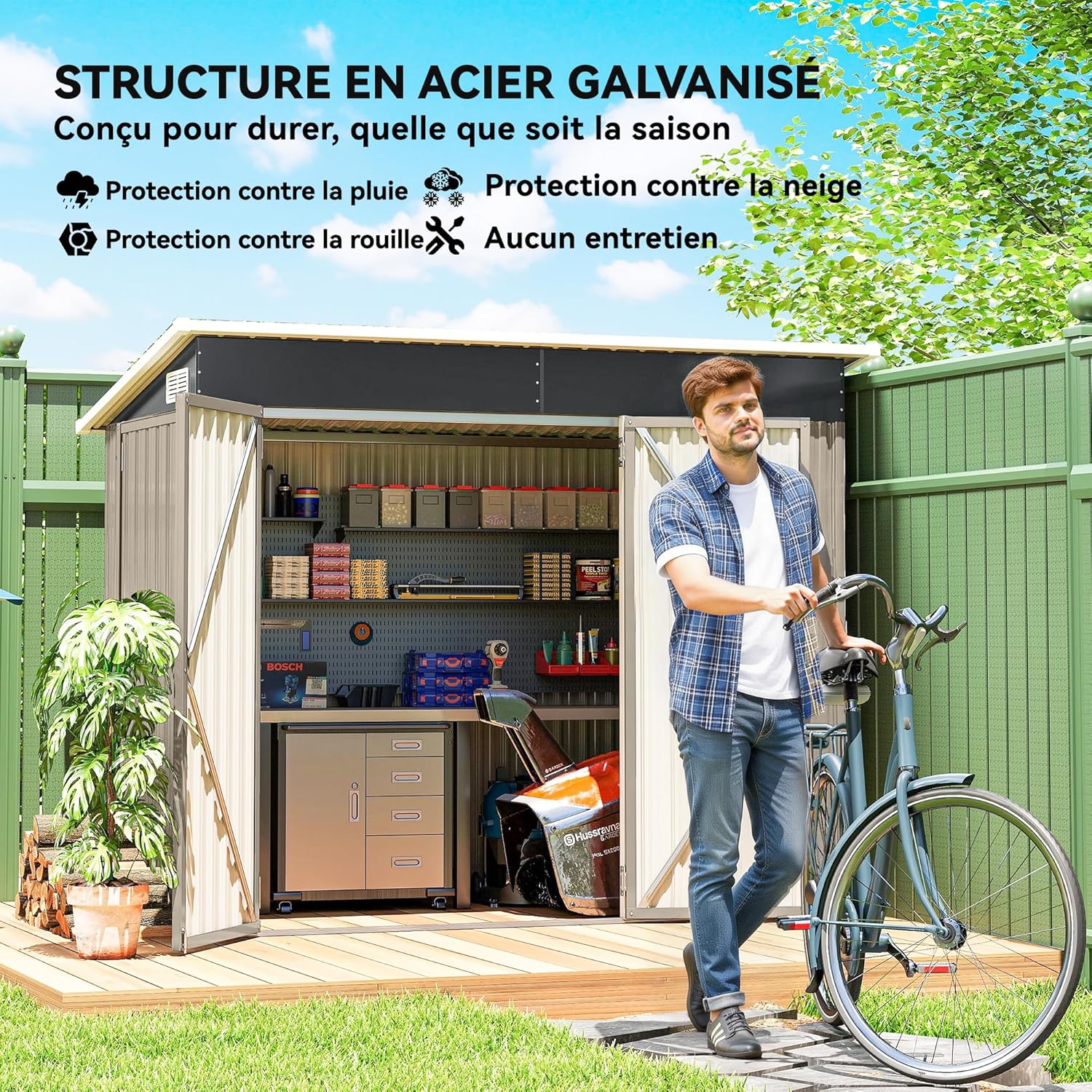 Outsunny - Abri de jardin métal - 234x132x185 cm - triple porte, toit incliné, aérations