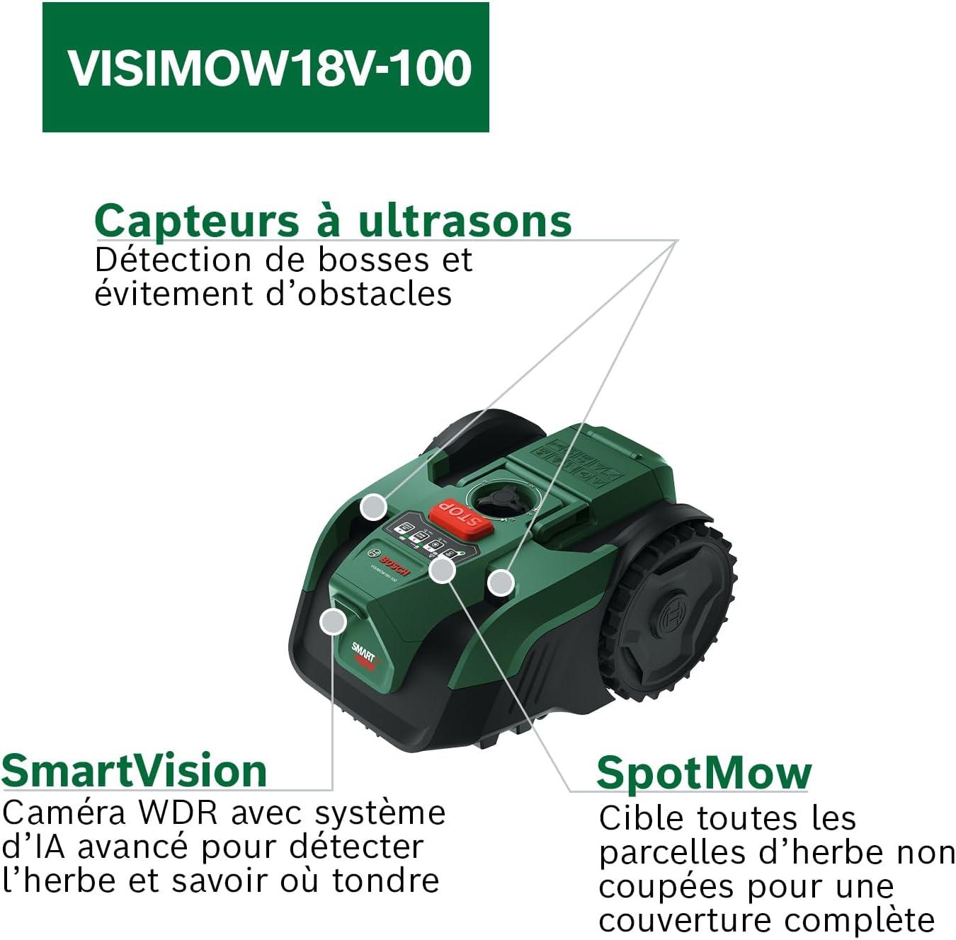 Bosch - Tondeuse robot série VISIMOW - 16 cm - 100 m², coupe 20-60 mm - VISIMOW18V-100