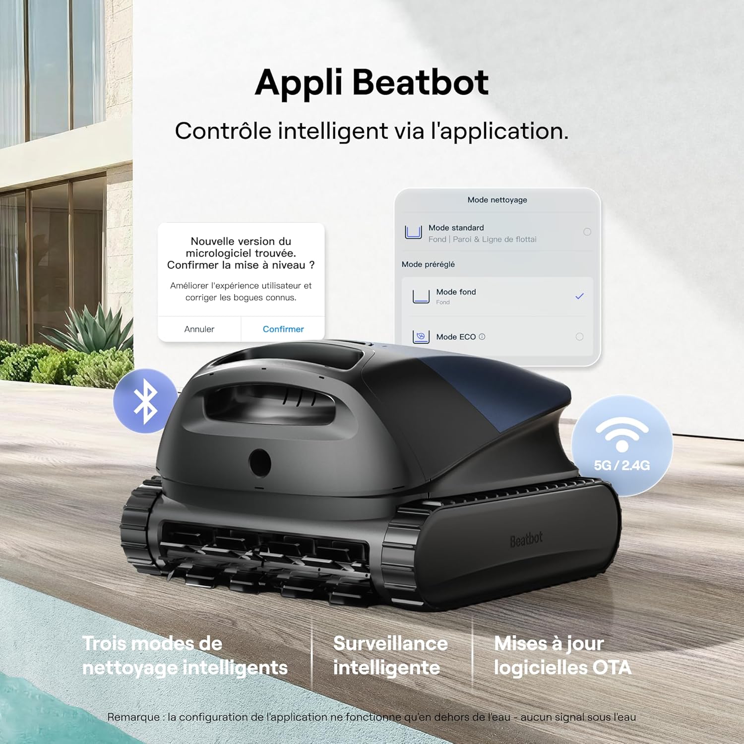 Beatbot Sora 10 Robot piscine sans fil — Fond/parois/ligne d'eau/plages immergées, puissance d'asp. 25 700 LPH, stationnement intelligent à la ligne d'eau, capacité du filtre 5L, 300 min, Bleu Profond