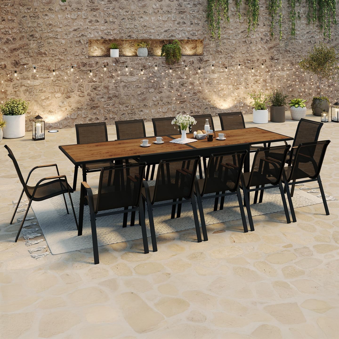 IDMarket - Salon de Jardin NOUMEA Table Extensible 135/270 cm Plateau Effet Bois et 12 chaises empilables Noir et Bois