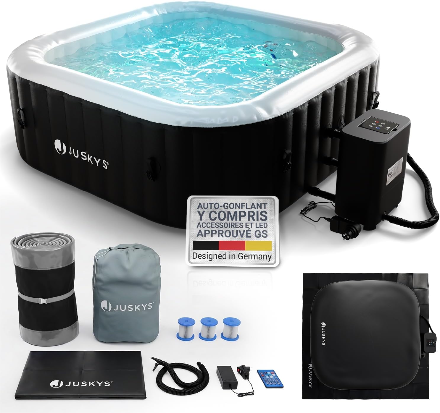 JUSKYS® Bain bouillonnant SpaLuxe – Structure extérieure, 130 Buses, Puissance Totale 3000 W, éclairage LED Noir/Blanc