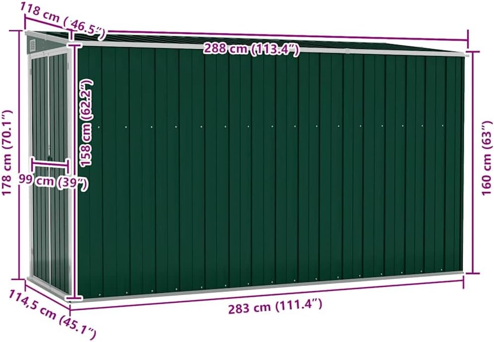 Générique Abri de Jardin Mural Vert 118x288x178 cm Acier galvanisé,Structures extérieures, Cabanes & abris de Jardin,316225