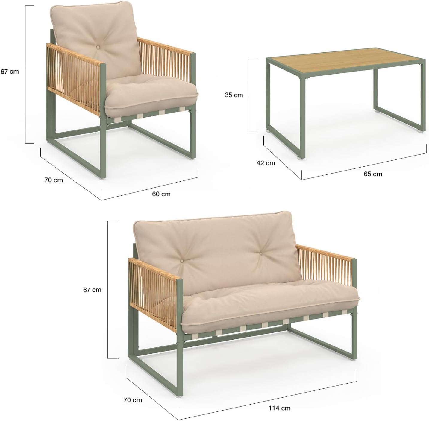 IDMarket - Rio - salon bas 4 places métal vert, cordage rotin, coussins beige