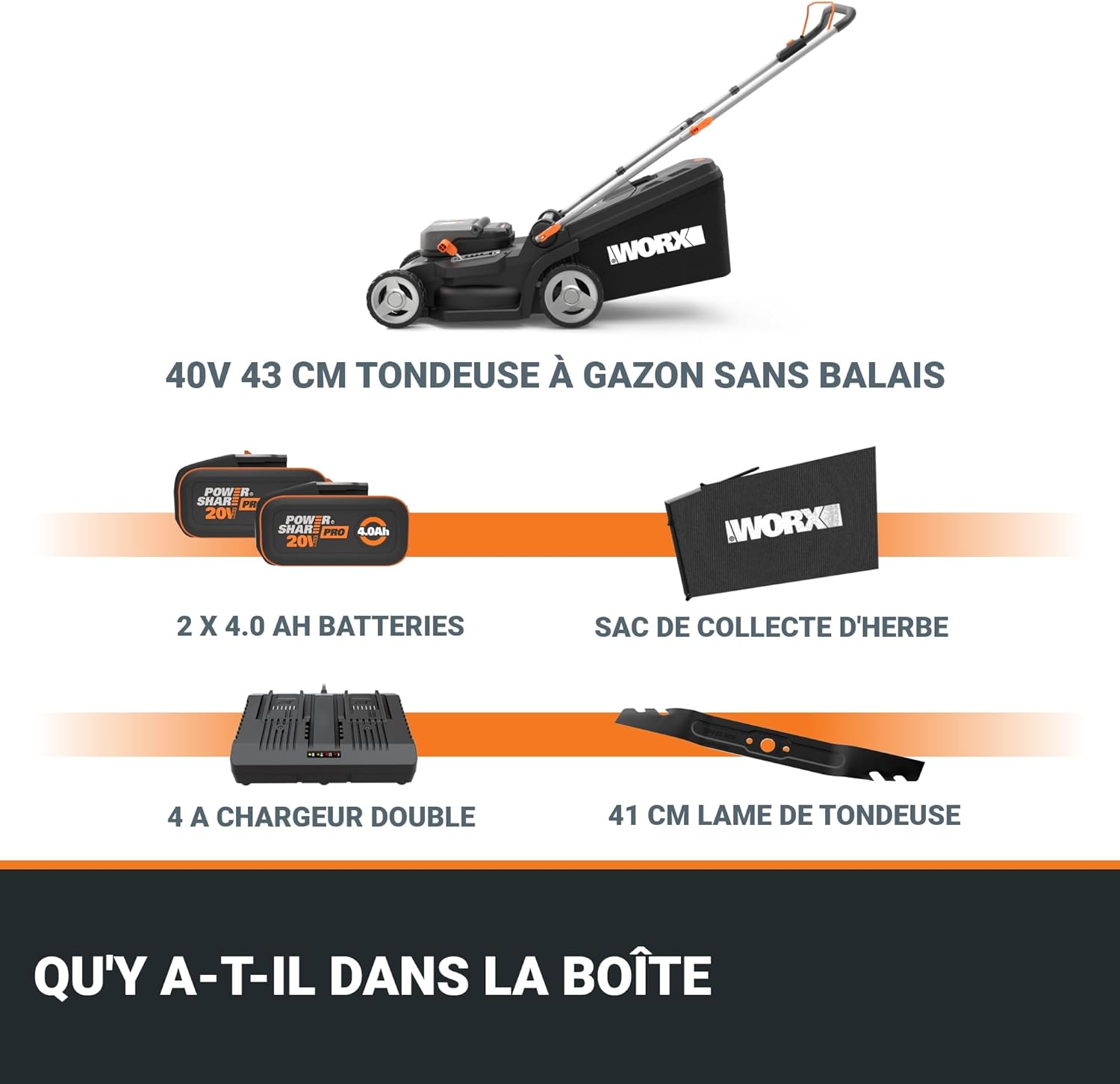 WORX - Tondeuse sans fil 40V - 41cm - 6 hauteurs, bac 50L, 2x4Ah, WG745E