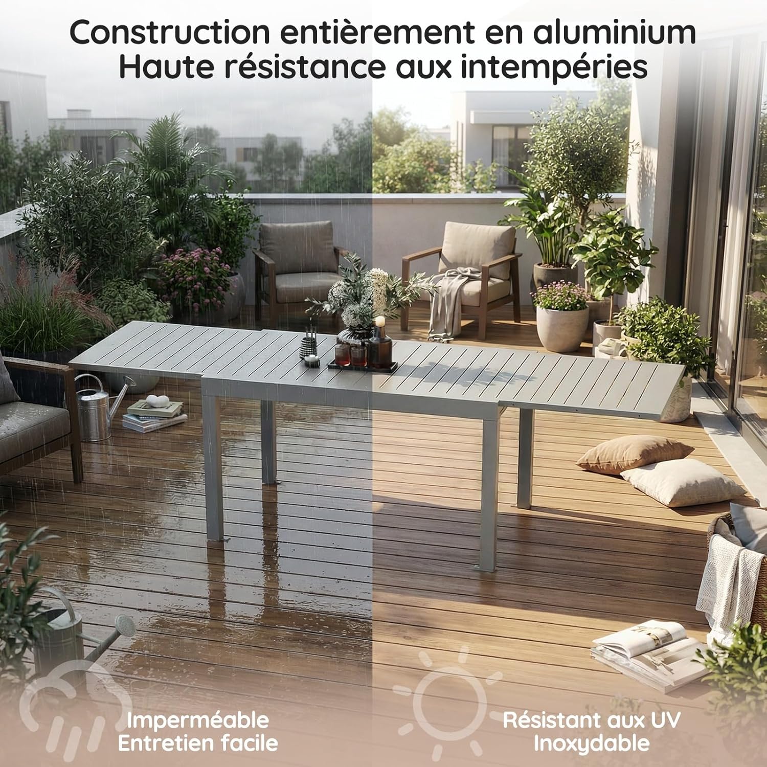 Devoko - Table extensible - 80/160x80x75 cm - aluminium, extérieur, résistante intempéries