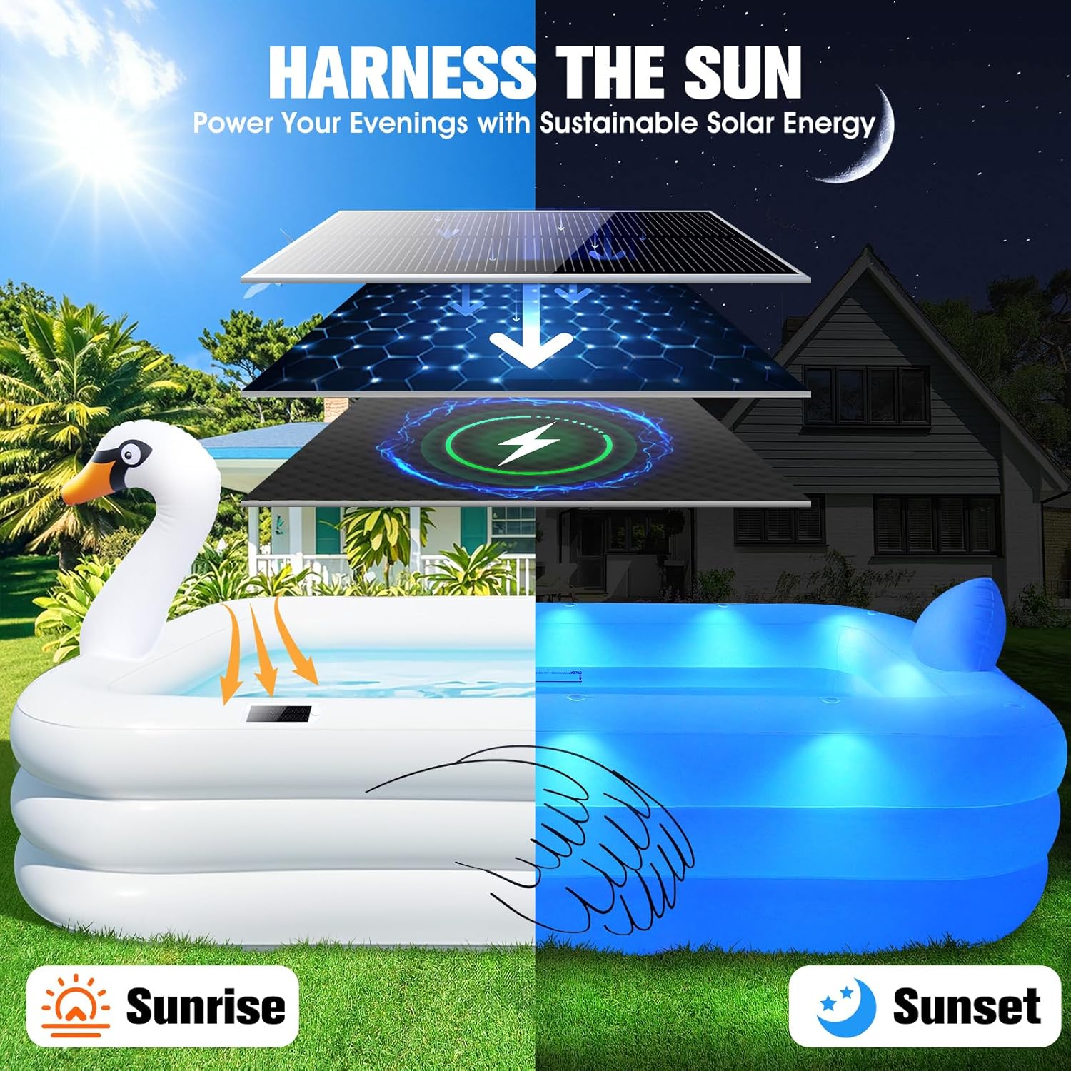 ChlorBlu Piscine Gonflable avec Lumières, Swan Piscine Gonflable Adulte, 255x160x50cm Grande Piscines Gonflables Rectangulaire, Swimming Pool Surdimensionnée pour Enfants et Famille, pour Jardin