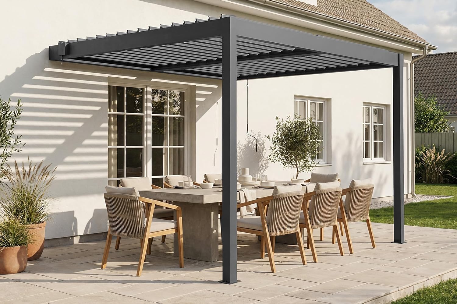 CAZEBOO - Piana - 3x2,5m - Aluminium gris, lames orientables, terrasse 7,8m², manivelle, résistance vent 70km/h
